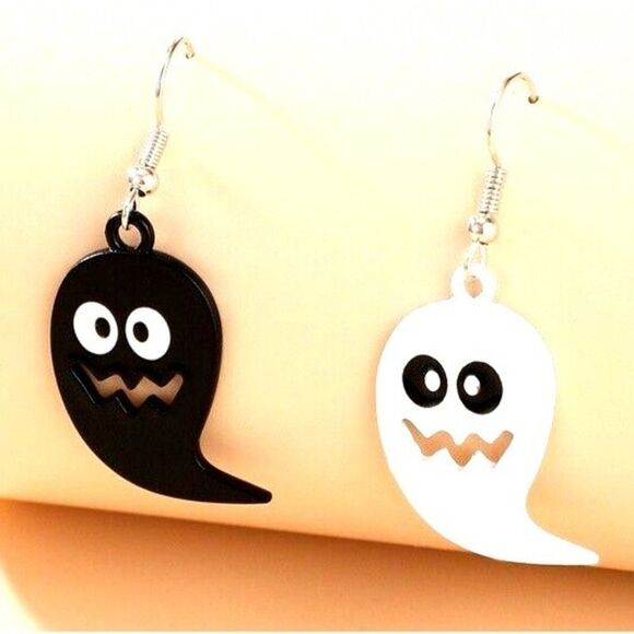 Halloween Mismatched Earrings - Black and White Ghost Dangle Earrings - 1.25" L - Picture 2 of 6